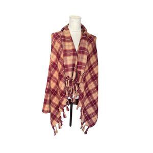 Entro Plaid Fringe Poncho Shawl Red Beige Sleeveless Vest Boho Western Size S